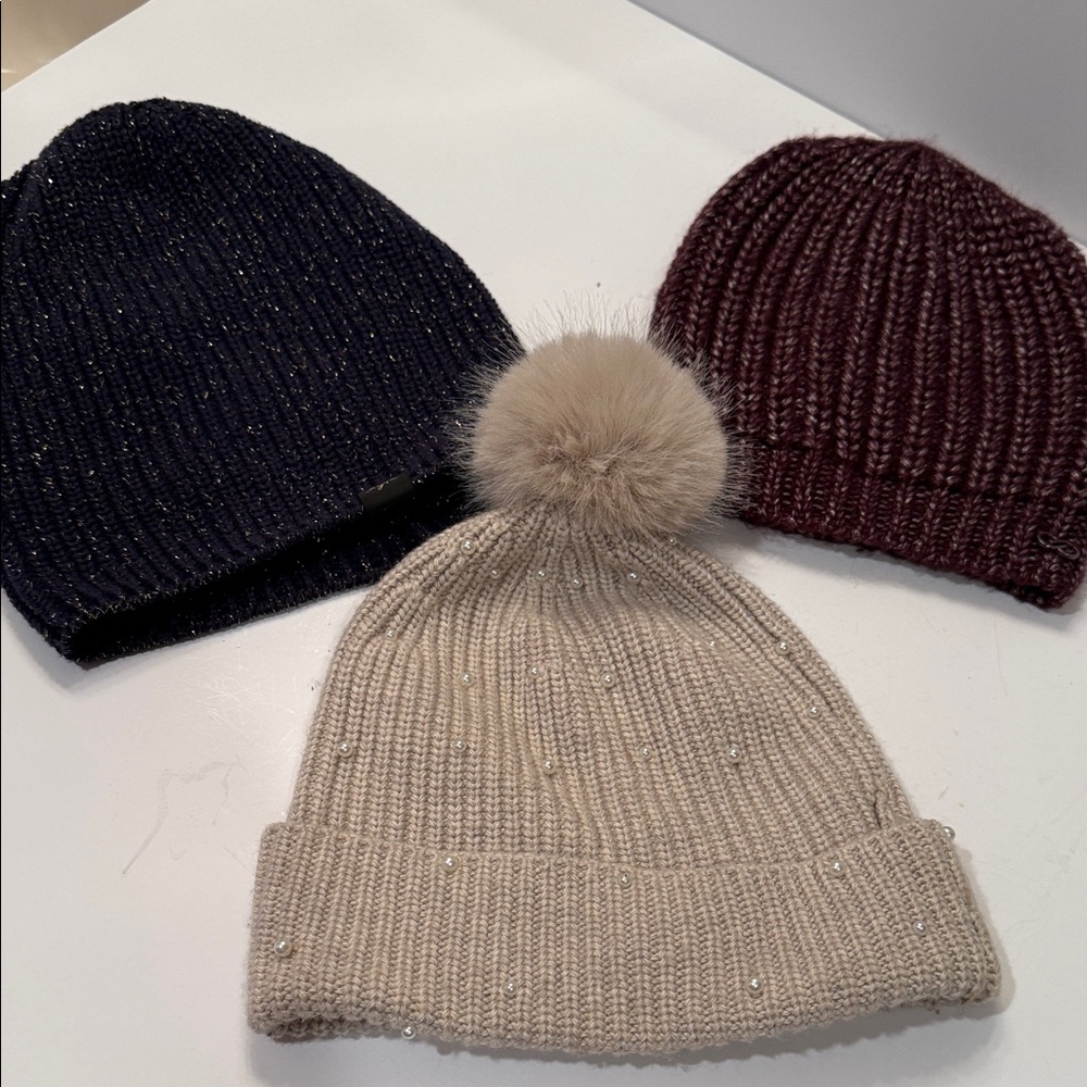 Chico's Beige Knit Beanie with Pearls